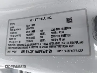 2023 Tesla Model 3 with VIN 5YJ3E1EA8PF578199, listed as a IAAI auction lot 41735465 with 50,823 mi miles and . Bid and sale history available at DreamBid. Image 9.