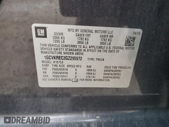 2016 Chevrolet Silverado 1500 LT with VIN 1GCVKREC2GZ295972, listed as a Copart auction lot 52715815 with 112,360 mi miles and Salvage Title. Bid and sale history available at DreamBid. Image 12.
