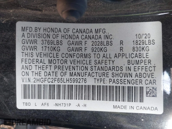 2020 Honda Civic Sedan LX with VIN 2HGFC2F65LH599276, listed as a IAAI auction lot 41656979 with 1 mi miles. Bid and sale history available at carsss.com. Image 9.