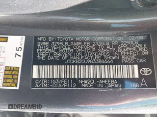 2008 Toyota Prius with VIN JTDKB20U983388664, listed as a IAAI auction lot 41862214 with 1 mi miles. Bid and sale history available at carsss.com. Image 9.