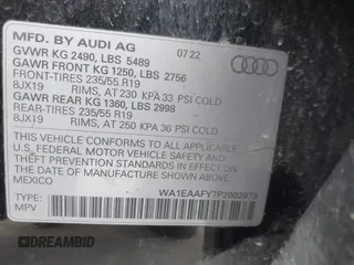 2023 Audi Q5 S line Premium Plus with VIN WA1EAAFY7P2002973, listed as a IAAI auction lot 41635718 with 38,943 mi miles. Bid and sale history available at carsss.com. Image 9.