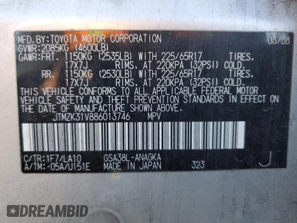 2008 Toyota RAV4 Ltd with VIN JTMZK31V886013746, listed as a Copart auction lot 49840135 with 216,427 mi miles and Salvage Title. Bid and sale history available at carsss.com. Image 13.