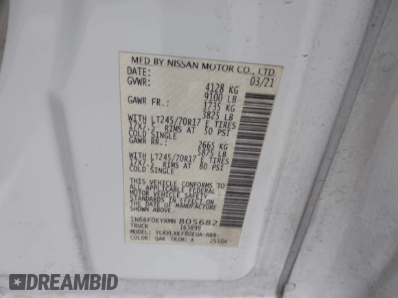 2021 Nissan NV Cargo SV z VIN 1N6BF0KYXMN805682, wystawiony jako IAAI lot #42152216 z przebiegiem 82 671 mil mil oraz . Historia ofert i sprzedaży dostępna na DreamBid. Obrazek 9.