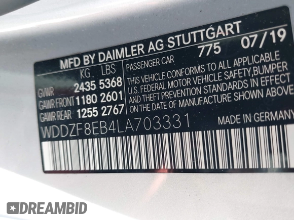 2020 Mercedes-Benz E 350 with VIN WDDZF8EB4LA703331, listed as a IAAI auction lot 42297055 with Not provided miles and . Bid and sale history available at DreamBid. Image 9.