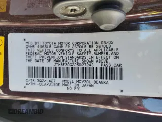 2002 Lexus ES 300 с VIN JTHBF30G225027243, выставлен на аукционе Copart как лот 47233685 с пробегом 204 021 миль миль и Списание • Salvage title. История ставок и продаж доступна на DreamBid. Изображение 12.