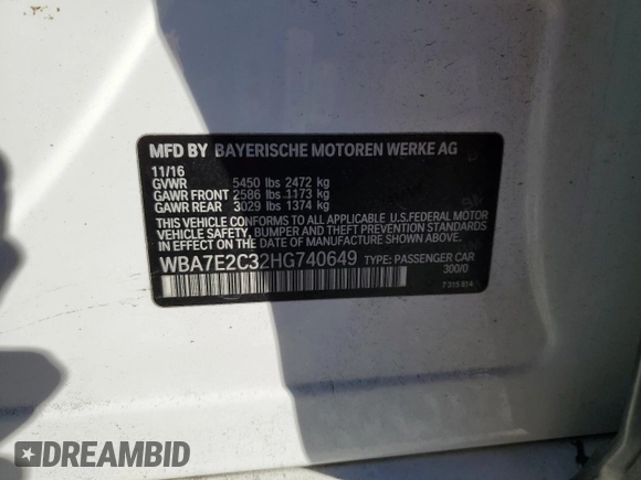 2017 BMW 7 Series 740i with VIN WBA7E2C32HG740649, listed as a Copart auction lot 45593145 with 122,793 mi miles and Salvage Title. Bid and sale history available at carsss.com. Image 12.