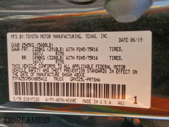 2019 Toyota Tacoma SR5 with VIN 5TFAZ5CN5KX085412, listed as a Copart auction lot 61011315 with 46,384 mi miles and Salvage title. Bid and sale history available at DreamBid. Image 12.