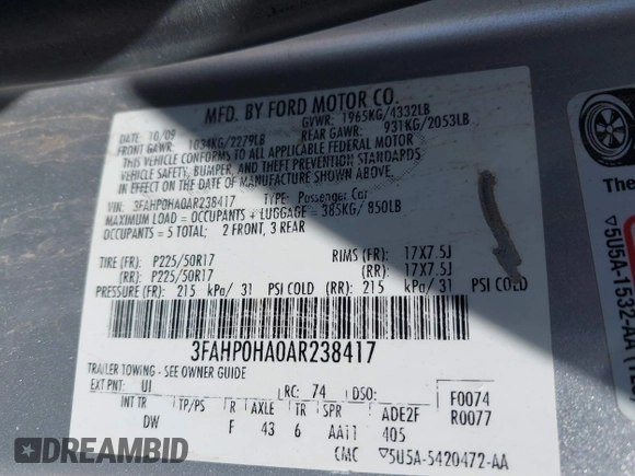 2010 Ford Fusion SE with VIN 3FAHP0HA0AR238417, listed as a IAAI auction lot 41994047 with 173,421 mi miles. Bid and sale history available at carsss.com. Image 9.