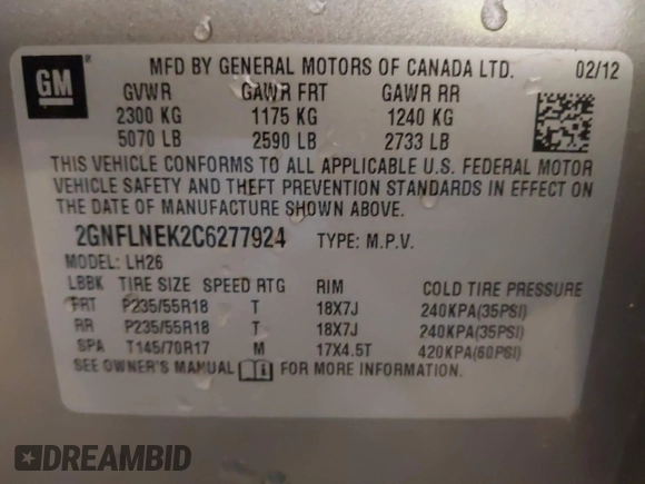 2012 Chevrolet Equinox LT w/2LT with VIN 2GNFLNEK2C6277924, listed as a IAAI auction lot 40423810 with 76,483 mi miles. Bid and sale history available at carsss.com. Image 9.