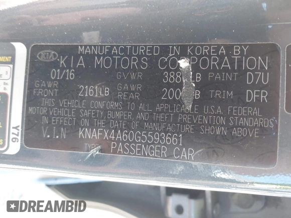 2016 Kia Forte LX with VIN KNAFX4A60G5593661, listed as a IAAI auction lot 42058287 with 183,040 mi miles. Bid and sale history available at carsss.com. Image 9.