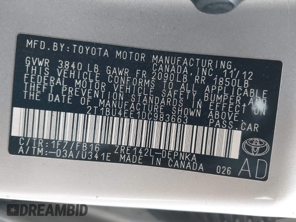 2013 Toyota Corolla L with VIN 2T1BU4EE1DC983663, listed as a IAAI auction lot 41541044 with 131,957 mi miles. Bid and sale history available at carsss.com. Image 9.