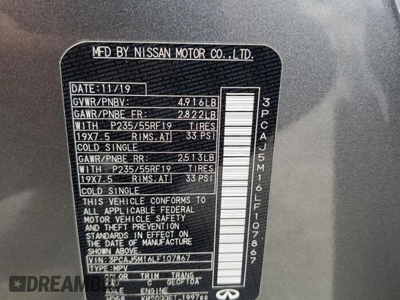 2020 Infiniti QX50 Luxe with VIN 3PCAJ5M16LF107867, listed as a Copart auction lot 56687275 with 67,957 mi miles and Salvage title. Bid and sale history available at DreamBid. Image 13.