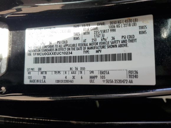 2014 Ford Escape SE with VIN 1FMCU0GXXEUC10234, listed as a Copart auction lot 55281575 with 122,754 mi miles and Clean Title. Bid and sale history available at DreamBid. Image 13.