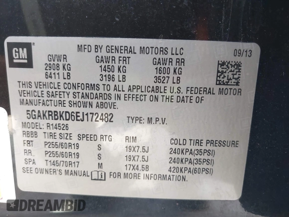 2014 Buick Enclave Leather with VIN 5GAKRBKD6EJ172482, listed as a IAAI auction lot 41686698 with 73,034 mi miles and . Bid and sale history available at DreamBid. Image 9.