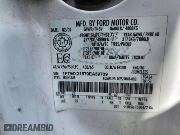 2009 Ford F-350 XL with VIN 1FTWX31579EA59709, listed as a Copart auction lot 69289714 with 231,511 mi miles and Salvage Title. Bid and sale history available at DreamBid. Image 8.