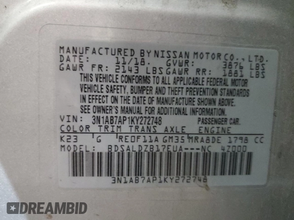 2019 Nissan Sentra SV with VIN 3N1AB7AP1KY272748, listed as a Copart auction lot 46336665 with 55,771 mi miles and Salvage Title. Bid and sale history available at DreamBid. Image 14.