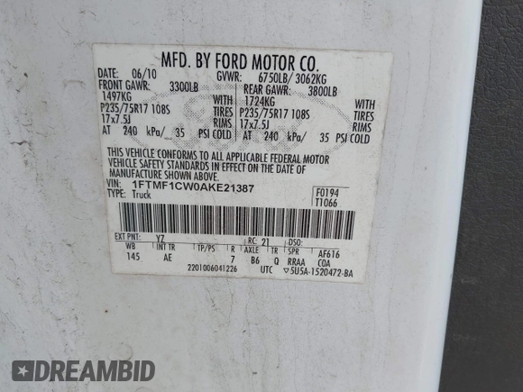 2010 Ford F-150 XL с VIN 1FTMF1CW0AKE21387, выставлен на аукционе IAAI как лот 42118390 с пробегом 231 861 миль миль и . История ставок и продаж доступна на DreamBid. Изображение 9.
