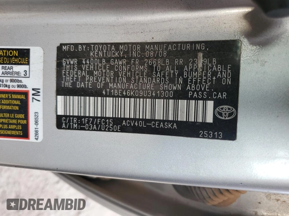 2009 Toyota Camry with VIN 4T1BE46K09U341300, listed as a Copart auction lot 50269455 with 205,060 mi miles and Clean Title. Bid and sale history available at carsss.com. Image 12.