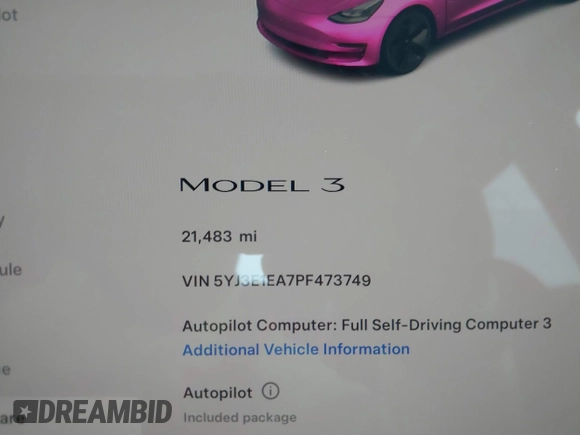 2023 Tesla Model 3 with VIN 5YJ3E1EA7PF473749, listed as a IAAI auction lot 41921478 with 21,483 mi miles and . Bid and sale history available at DreamBid. Image 14.