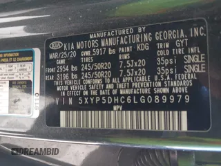 2020 Kia Telluride SX with VIN 5XYP5DHC6LG089979, listed as a IAAI auction lot 41865350 with 79,185 mi miles and . Bid and sale history available at DreamBid. Image 9.