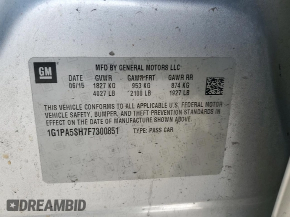 2015 Chevrolet Cruze LS z VIN 1G1PA5SH7F7300851, wystawiony jako Copart lot #48953325 z przebiegiem 95 547 mil mil oraz Szkoda całkowita • Salvage title. Historia ofert i sprzedaży dostępna na DreamBid. Obrazek 13.
