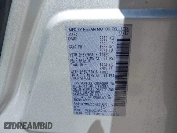 2018 Nissan Pathfinder SL with VIN 5N1DR2MN2JC628615, listed as a IAAI auction lot 41881932 with 122,404 mi miles. Bid and sale history available at carsss.com. Image 9.