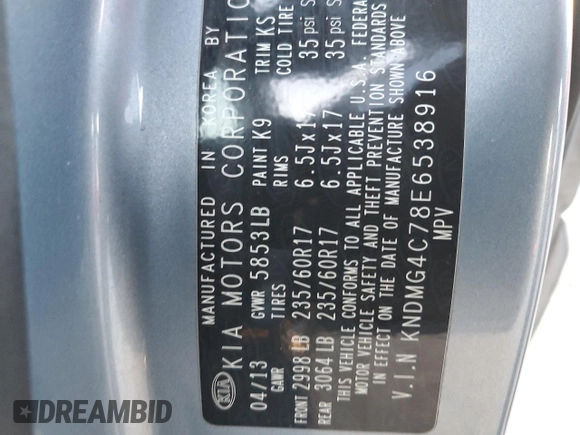 2014 Kia Sedona LX with VIN KNDMG4C78E6538916, listed as a Copart auction lot 42258495 with 145,260 mi miles and Salvage Title. Bid and sale history available at carsss.com. Image 13.