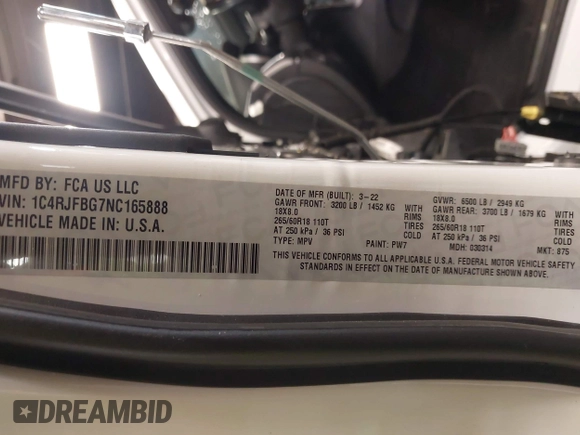 2022 Jeep Grand Cherokee Limited with VIN 1C4RJFBG7NC165888, listed as a IAAI auction lot 41436251 with 58,320 mi miles and . Bid and sale history available at DreamBid. Image 9.
