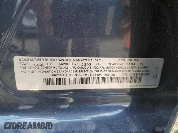 2010 Volkswagen Jetta S with VIN 3VWJX7AJ1AM026800, listed as a Copart auction lot 55755185 with 126,551 mi miles and Salvage title. Bid and sale history available at DreamBid. Image 12.