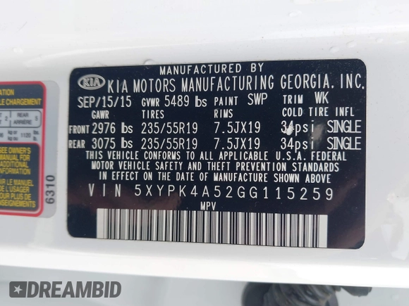 2016 Kia Sorento SX with VIN 5XYPK4A52GG115259, listed as a IAAI auction lot 41494198 with 118,143 mi miles. Bid and sale history available at carsss.com. Image 9.