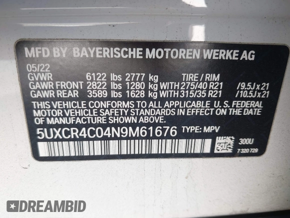 2022 BMW X5 sDrive40i with VIN 5UXCR4C04N9M61676, listed as a IAAI auction lot 41131319 with 29,731 mi miles. Bid and sale history available at carsss.com. Image 9.