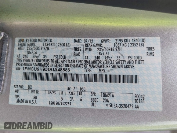 2013 Ford Escape SEL with VIN 1FMCU9H95DUA48886, listed as a IAAI auction lot 42117937 with 244,101 mi miles. Bid and sale history available at carsss.com. Image 9.