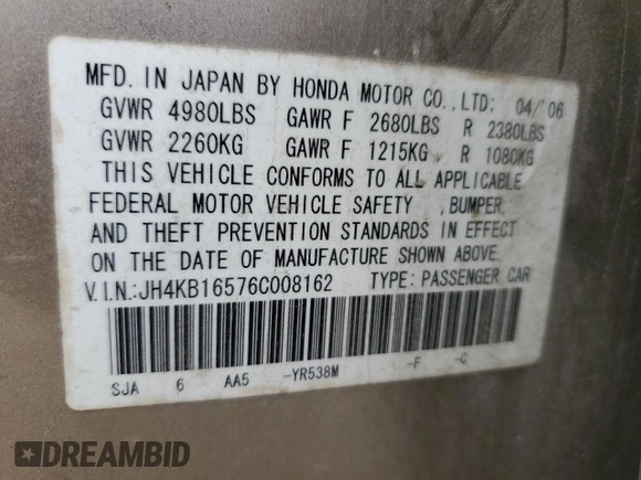2006 Acura RL z VIN JH4KB16576C008162, wystawiony jako Copart lot #51801115 z przebiegiem Nie podano mil oraz Szkoda całkowita • Salvage title. Historia ofert i sprzedaży dostępna na DreamBid. Obrazek 15.