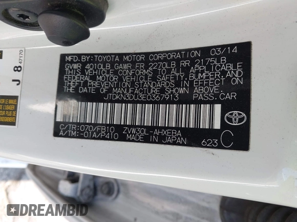2014 Toyota Prius Four with VIN JTDKN3DU3E0367913, listed as a IAAI auction lot 42768446 with 167,408 mi miles and . Bid and sale history available at DreamBid. Image 9.