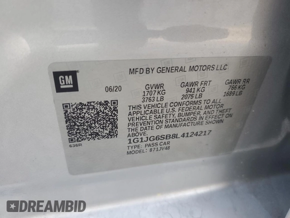 2020 Chevrolet Sonic LT z VIN 1G1JG6SB8L4124217, wystawiony jako Copart lot #50584715 z przebiegiem 83 124 mil mil oraz Szkody całkowita. Historia ofert i sprzedaży dostępna na DreamBid. Obrazek 12.