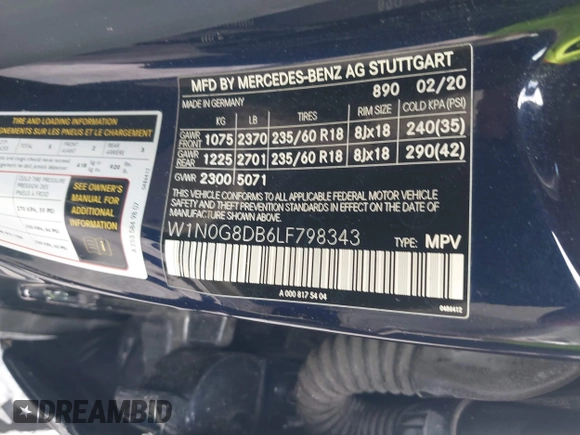 2020 Mercedes-Benz GLC 300 with VIN W1N0G8DB6LF798343, listed as a IAAI auction lot 42068166 with 56,857 mi miles and . Bid and sale history available at DreamBid. Image 9.