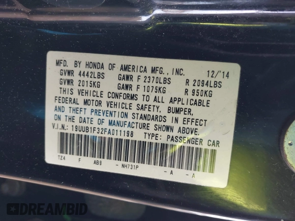 2015 Acura TLX with VIN 19UUB1F32FA011198, listed as a IAAI auction lot 41130909 with 178,231 mi miles and . Bid and sale history available at DreamBid. Image 9.
