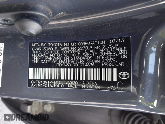 2013 Toyota Prius One with VIN JTDKN3DU7D1714636, listed as a IAAI auction lot 42207541 with 214,977 mi miles and . Bid and sale history available at DreamBid. Image 9.