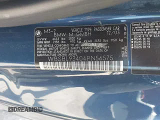 2004 BMW 3 Series M3 with VIN WBSBL93404PN56575, listed as a IAAI auction lot 42388829 with 172,377 mi miles and . Bid and sale history available at DreamBid. Image 9.