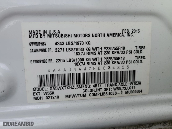 2015 Mitsubishi RVR GT with VIN 4A4AJ4AW7FE604855, listed as a Copart auction lot 74571884 with 158509 miles and Salvage Title. Bid and sale history available at carsss.com. Image 14.