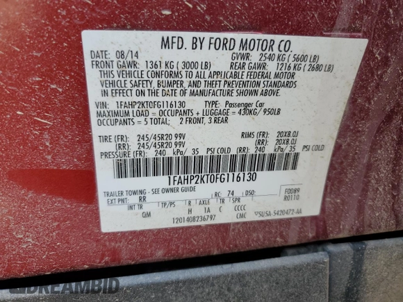 2015 Ford Taurus SHO with VIN 1FAHP2KT0FG116130, listed as a Copart auction lot 46403495 with 122,811 mi miles and Salvage title. Bid and sale history available at DreamBid. Image 13.