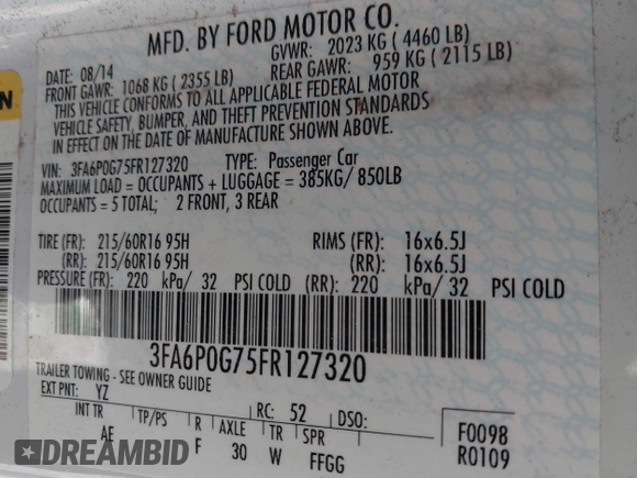 2015 Ford Fusion S with VIN 3FA6P0G75FR127320, listed as a IAAI auction lot 41868697 with 150,858 mi miles. Bid and sale history available at carsss.com. Image 9.