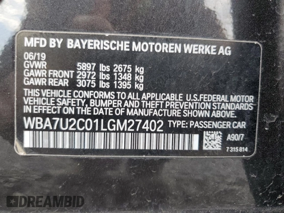 2020 BMW 7 Series 750i xDrive with VIN WBA7U2C01LGM27402, listed as a Copart auction lot 52943595 with Not provided miles and Salvage title. Bid and sale history available at DreamBid. Image 13.