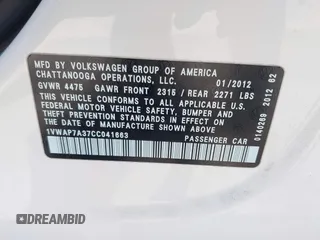 2012 Volkswagen Passat S with VIN 1VWAP7A37CC041663, listed as a IAAI auction lot 42704232 with 215,961 mi miles and . Bid and sale history available at DreamBid. Image 9.