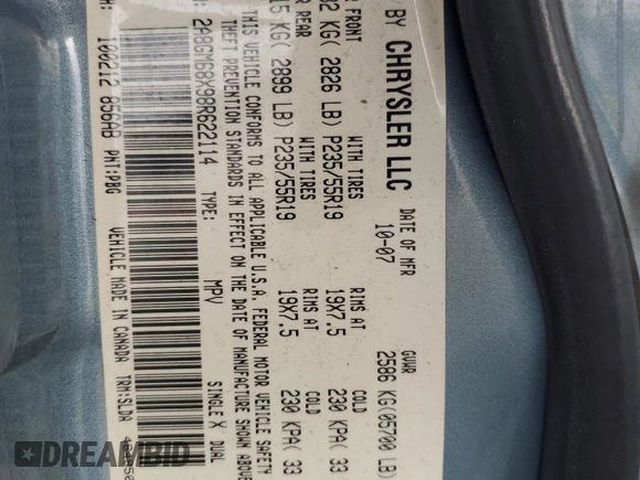 2008 Chrysler Pacifica Touring with VIN 2A8GM68X98R622114, listed as a Copart auction lot 89303735 with 170,681 mi miles and Salvage title. Bid and sale history available at DreamBid. Image 13.