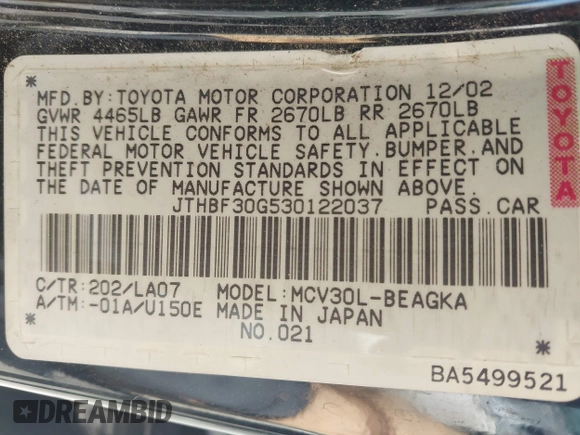 2003 Lexus ES with VIN JTHBF30G530122037, listed as a IAAI auction lot 42051319 with Not Provided miles. Bid and sale history available at carsss.com. Image 9.