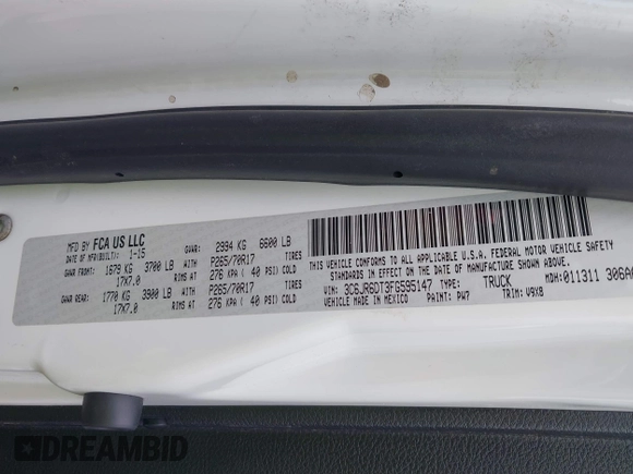 2015 Ram 1500 Tradesman with VIN 3C6JR6DT3FG595147, listed as a IAAI auction lot 42351531 with 116,821 mi miles and . Bid and sale history available at DreamBid. Image 9.