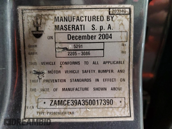 2005 Maserati Quattroporte z VIN ZAMCE39A350017390, wystawiony jako Copart lot #72455664 z przebiegiem 50 394 mil mil oraz Szkoda całkowita • Salvage title. Historia ofert i sprzedaży dostępna na DreamBid. Obrazek 12.