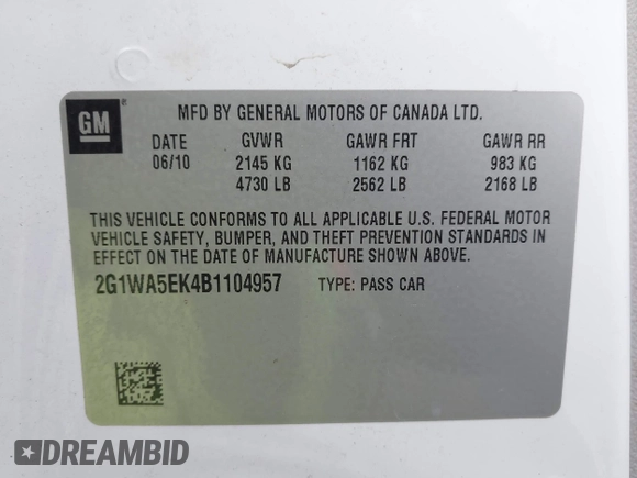 2011 Chevrolet Impala LS Retail with VIN 2G1WA5EK4B1104957, listed as a IAAI auction lot 42012637 with 160,286 mi miles and . Bid and sale history available at DreamBid. Image 9.