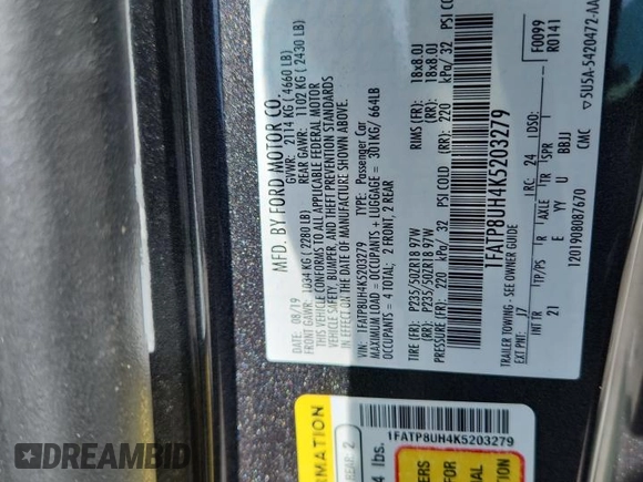 2019 Ford Mustang EcoBoost с VIN 1FATP8UH4K5203279, выставлен на аукционе Copart как лот 60069105 с пробегом 39 854 миль миль и Списание • Salvage title. История ставок и продаж доступна на DreamBid. Изображение 12.